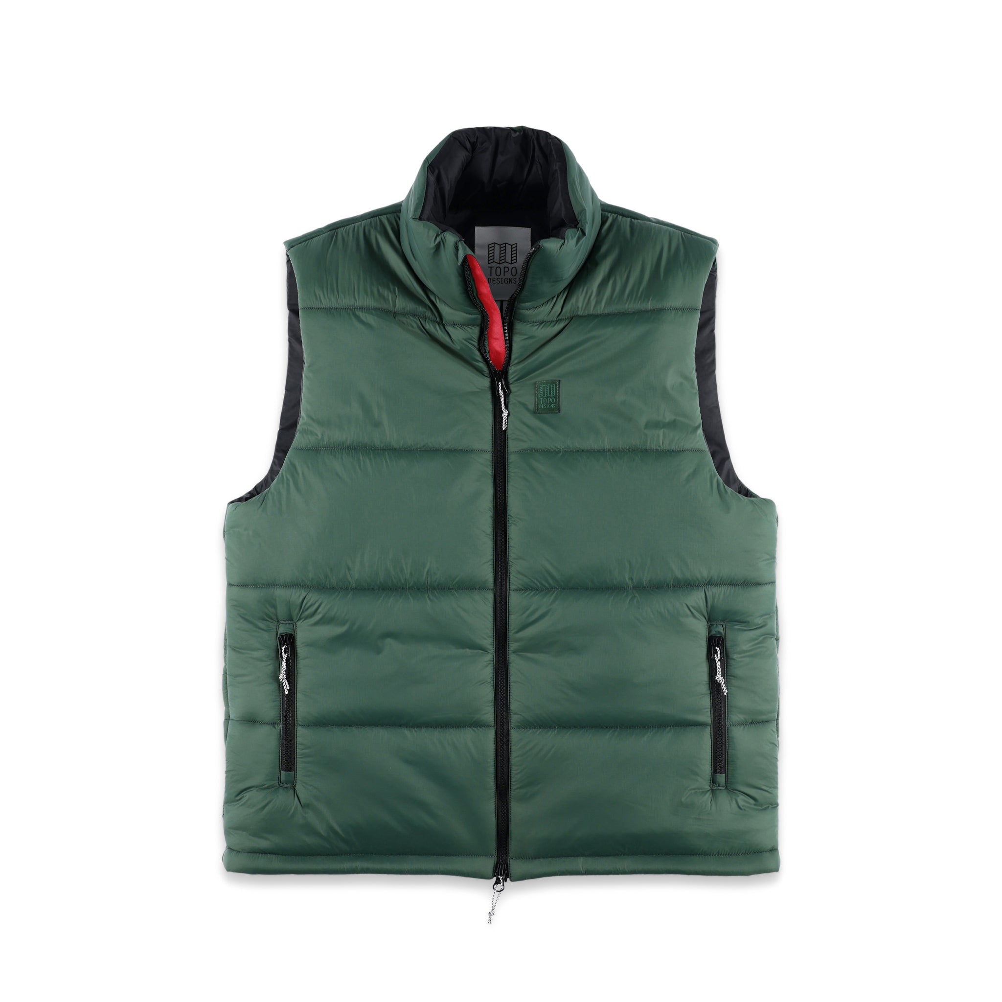 Topo Designs Hommes Mountain Puffer recycled insulated Vest in "Forest" green.