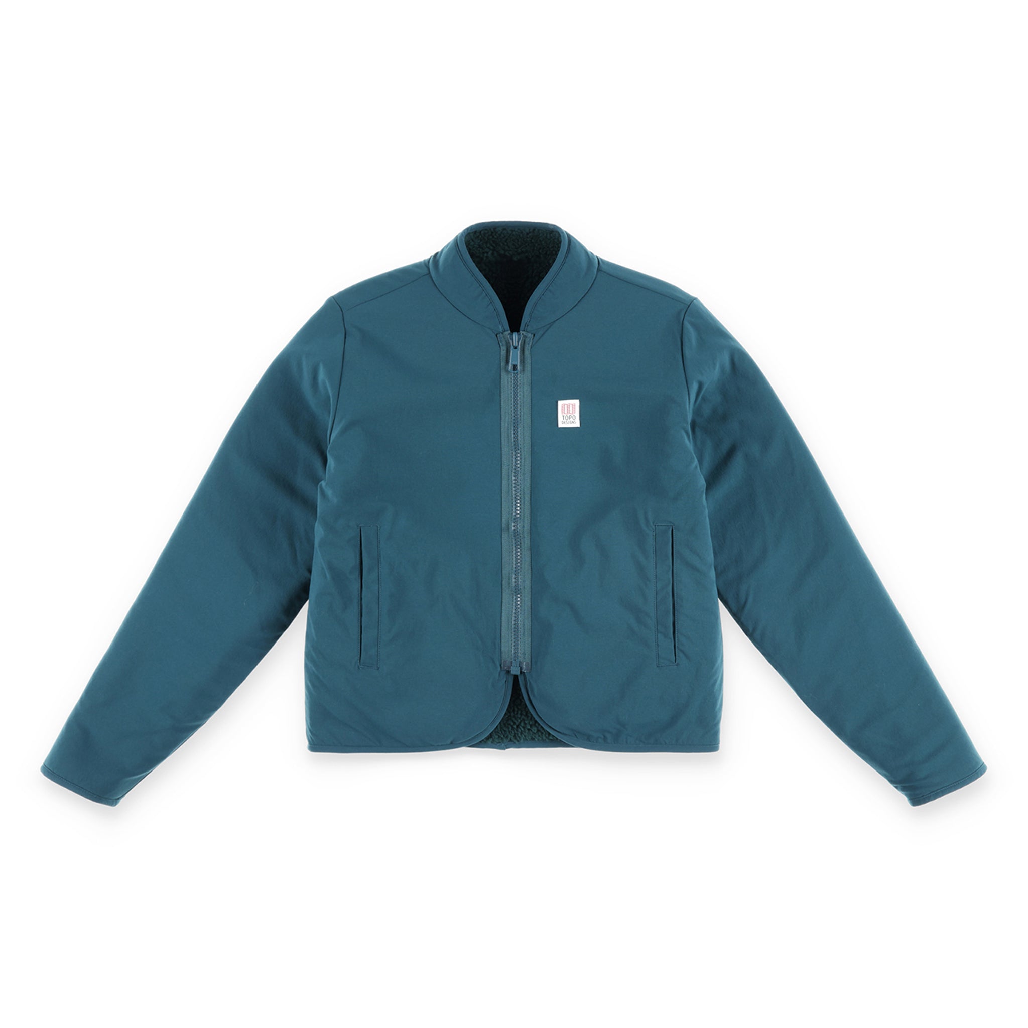 Topo Designs Femmes sherpa fleece reversible Veste en "Pond Blue" montrant le côté DWR