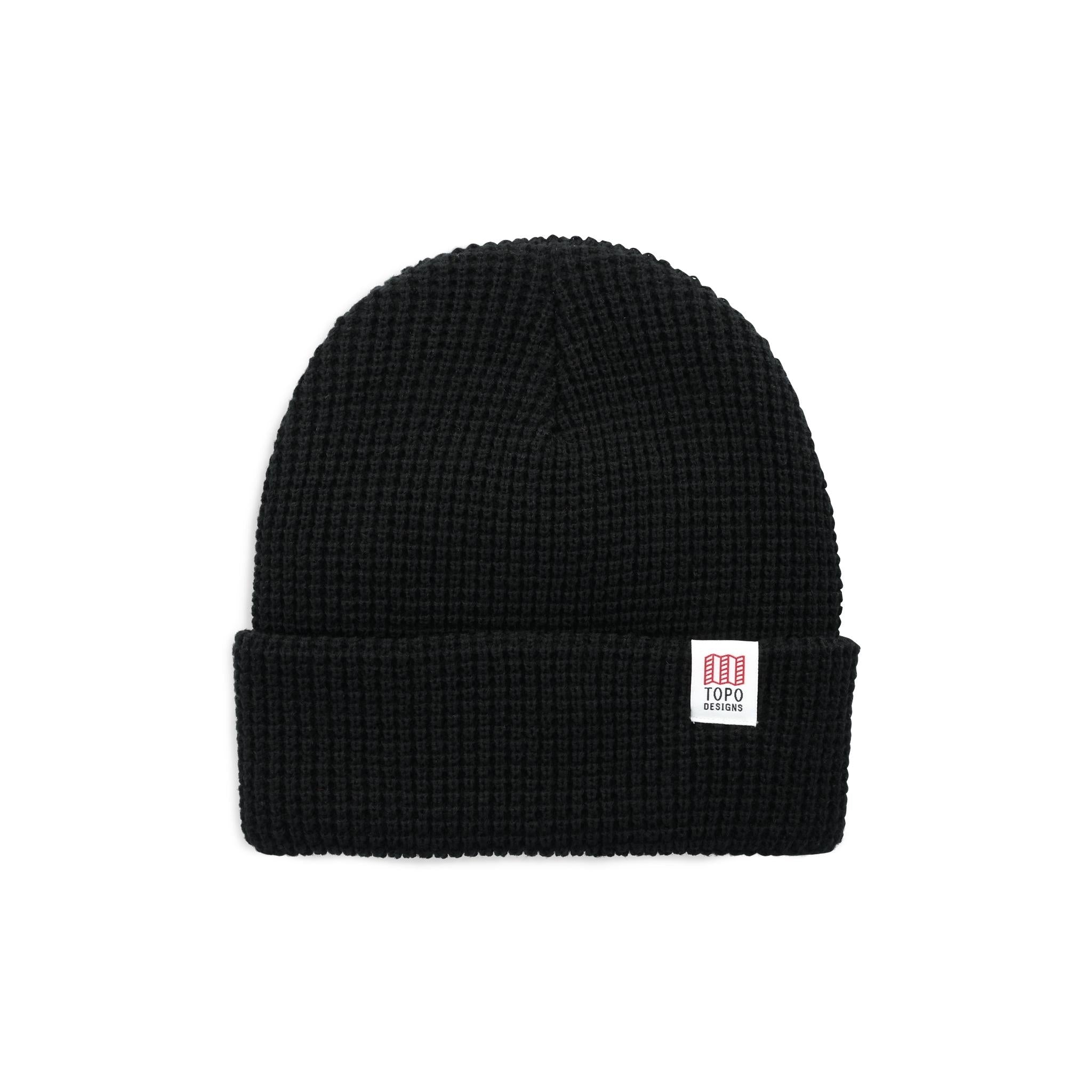 Vue avant du bonnet Topo Designs Waffle Knit Beanie en "Black" (noir)