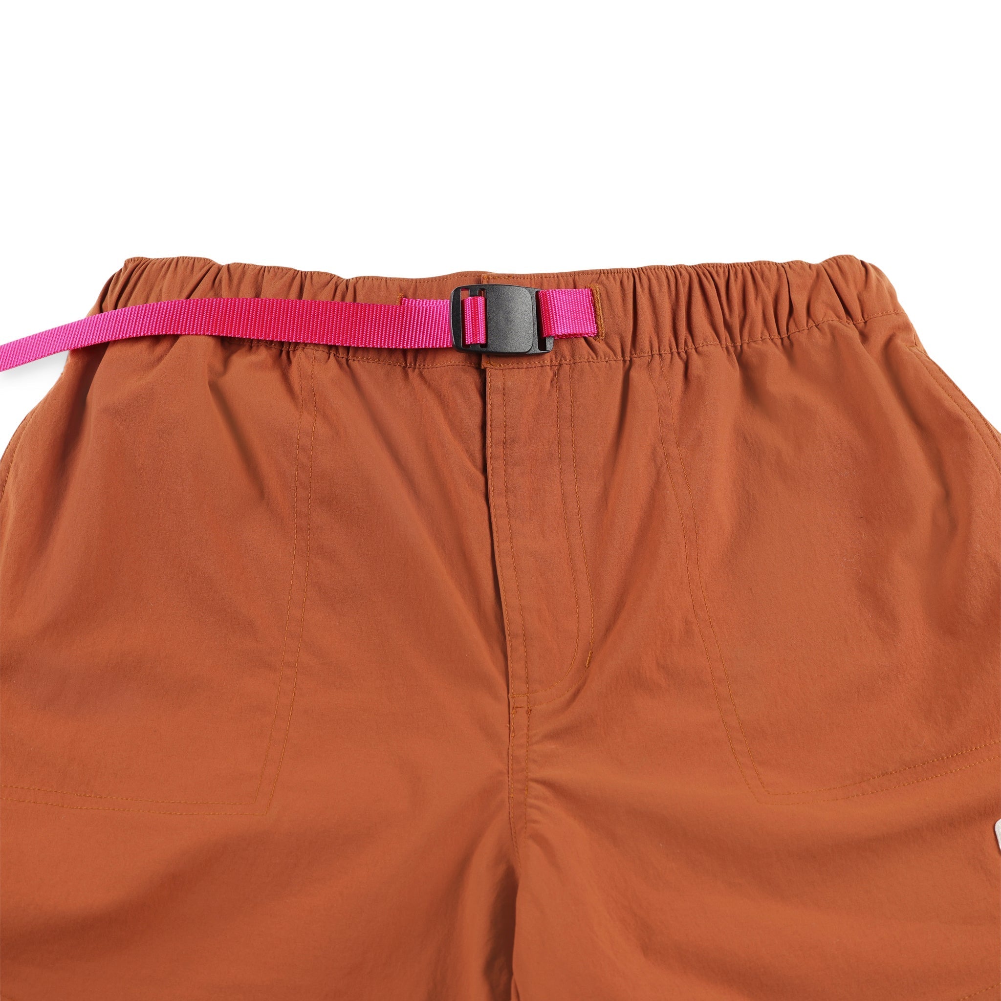 General Web belt on Topo Designs Femmes River quick-dry swim Shorts in Brick orange.