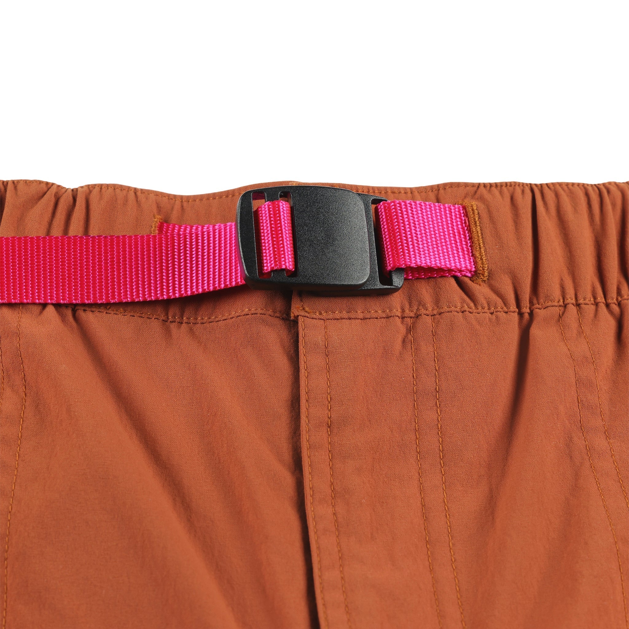 General Web belt on Topo Designs Femmes River quick-dry swim Shorts in Brick orange.