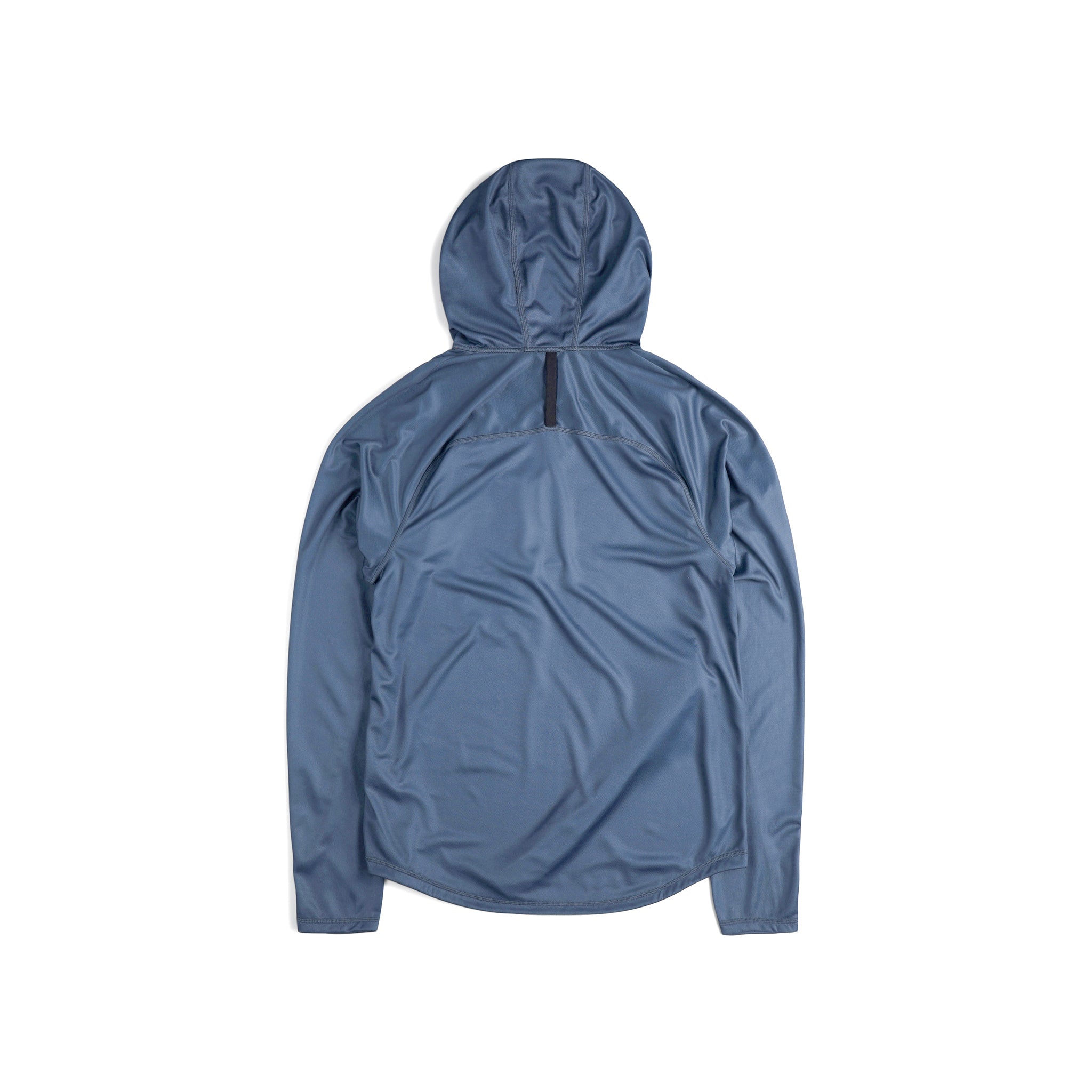 Vue arrière du Topo Designs Hommes River Hoodie 30+ UPF moisture wicking quick dry top in "Stone Blue" blue.