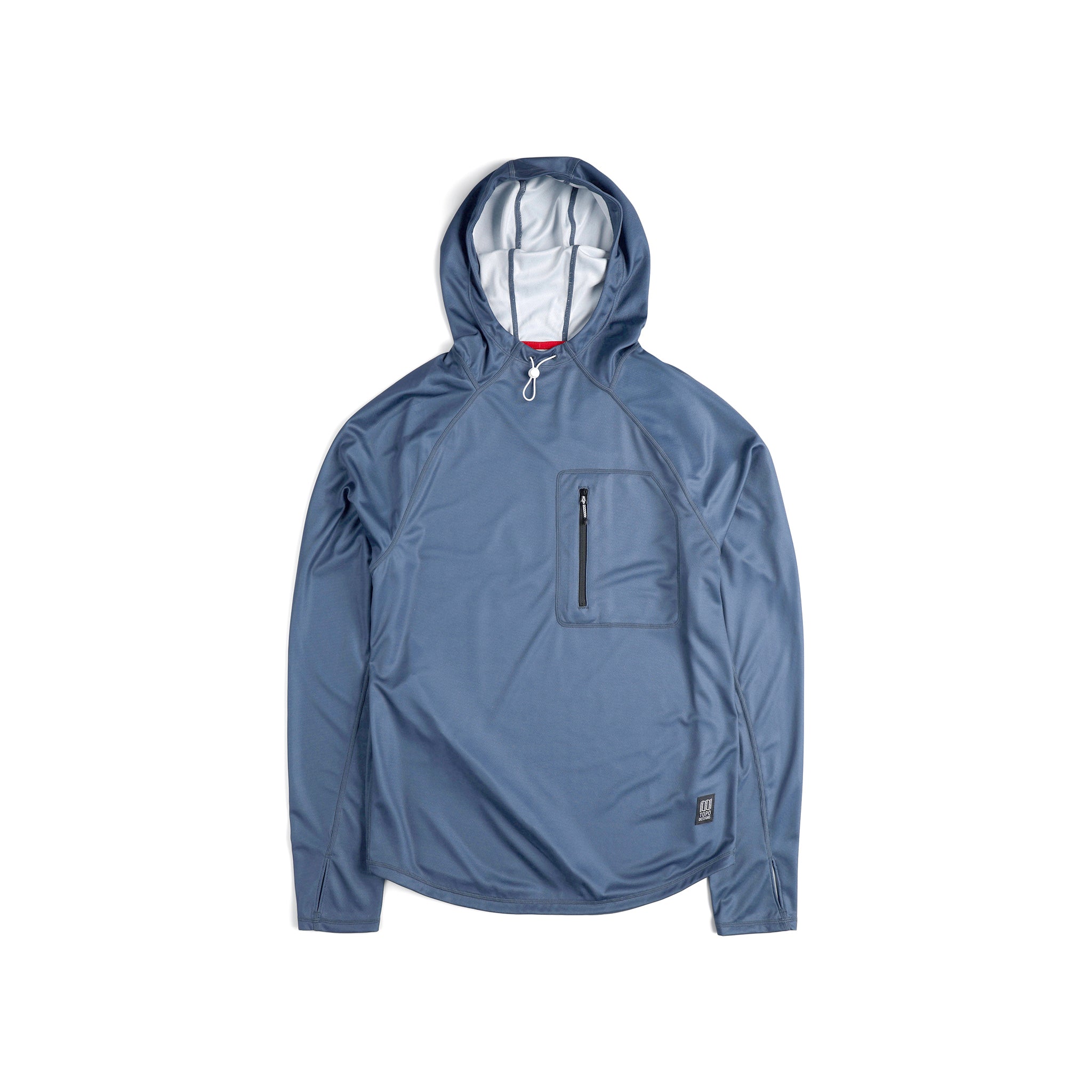 Vue de face du Topo Designs Hommes River Hoodie 30+ UPF moisture wicking quick dry top en bleu "Stone Blue".