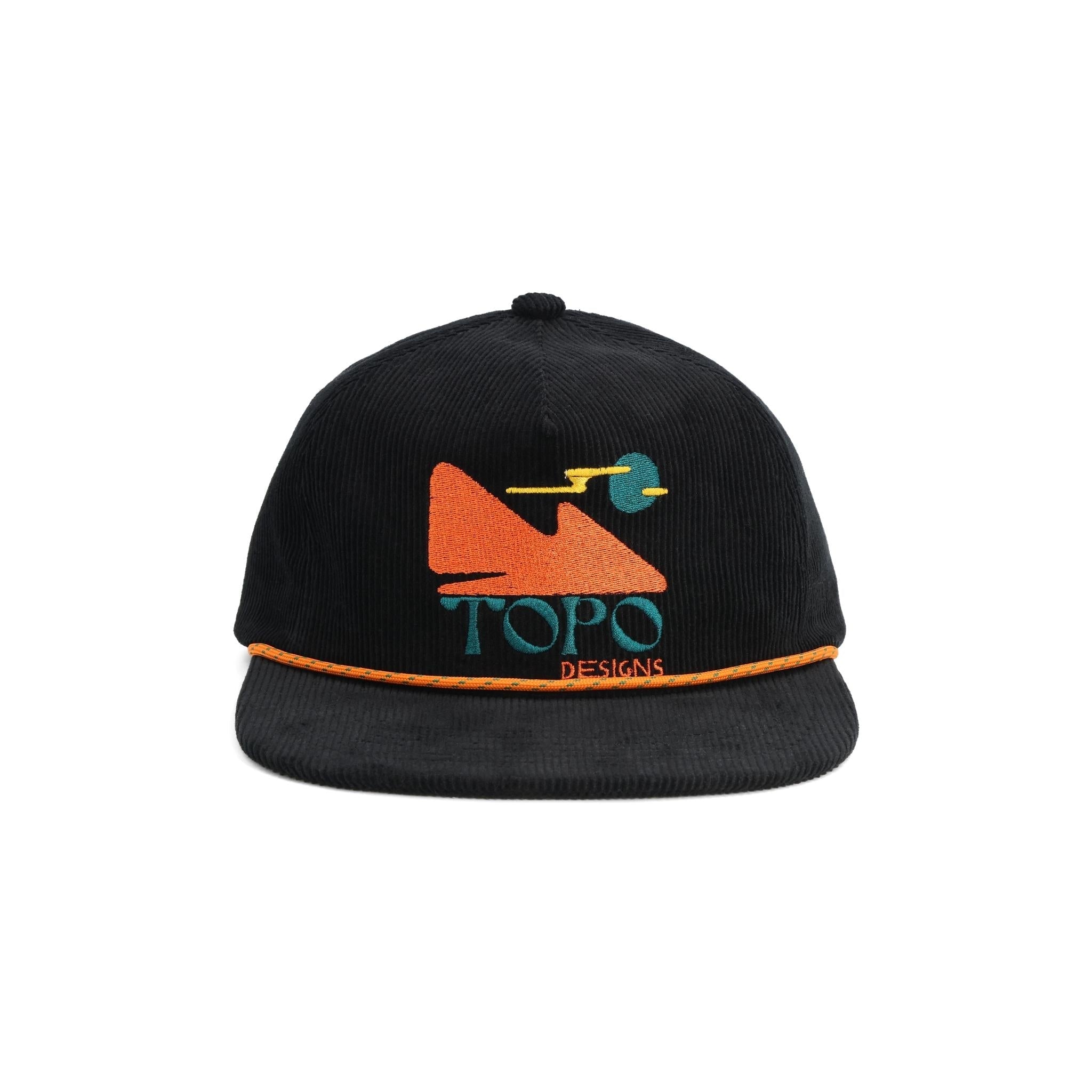 Vue avant de la casquette Topo Designs Corduroy Trucker Hat en "Black" (noir)