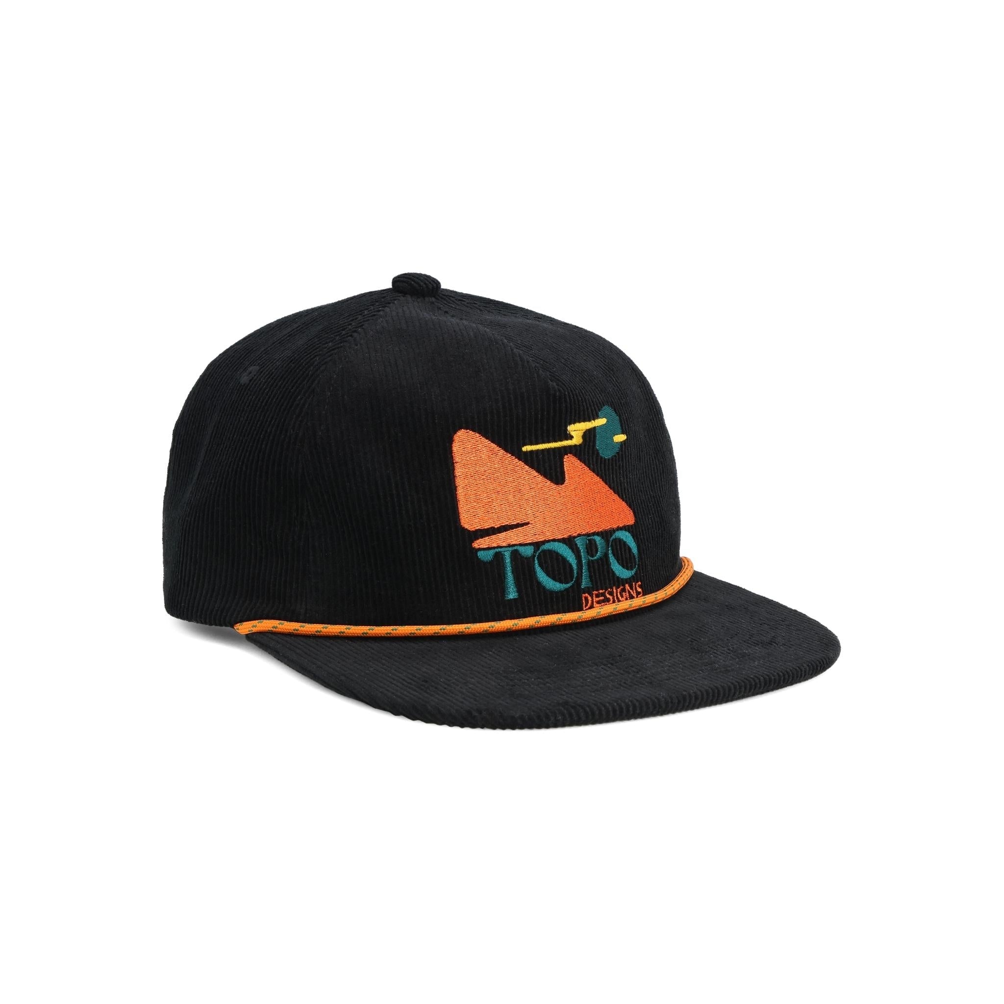 Vue avant de la casquette Topo Designs Corduroy Trucker Hat en "Black" (noir)