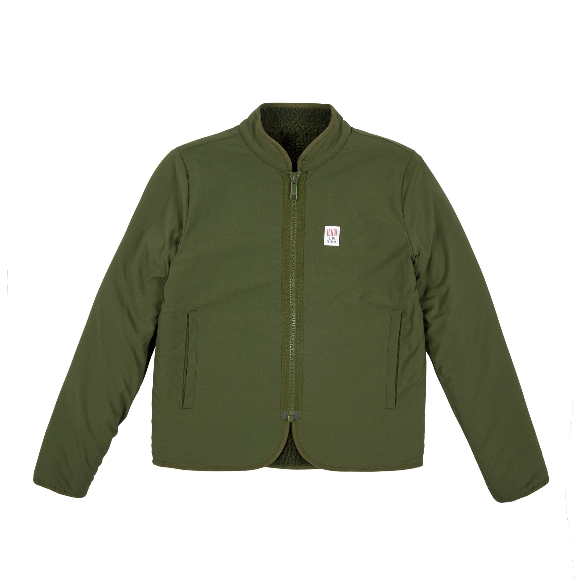 Photo de la Veste Topo Designs Femmes sherpa en vert olive, montrant le tissu DWR tech.