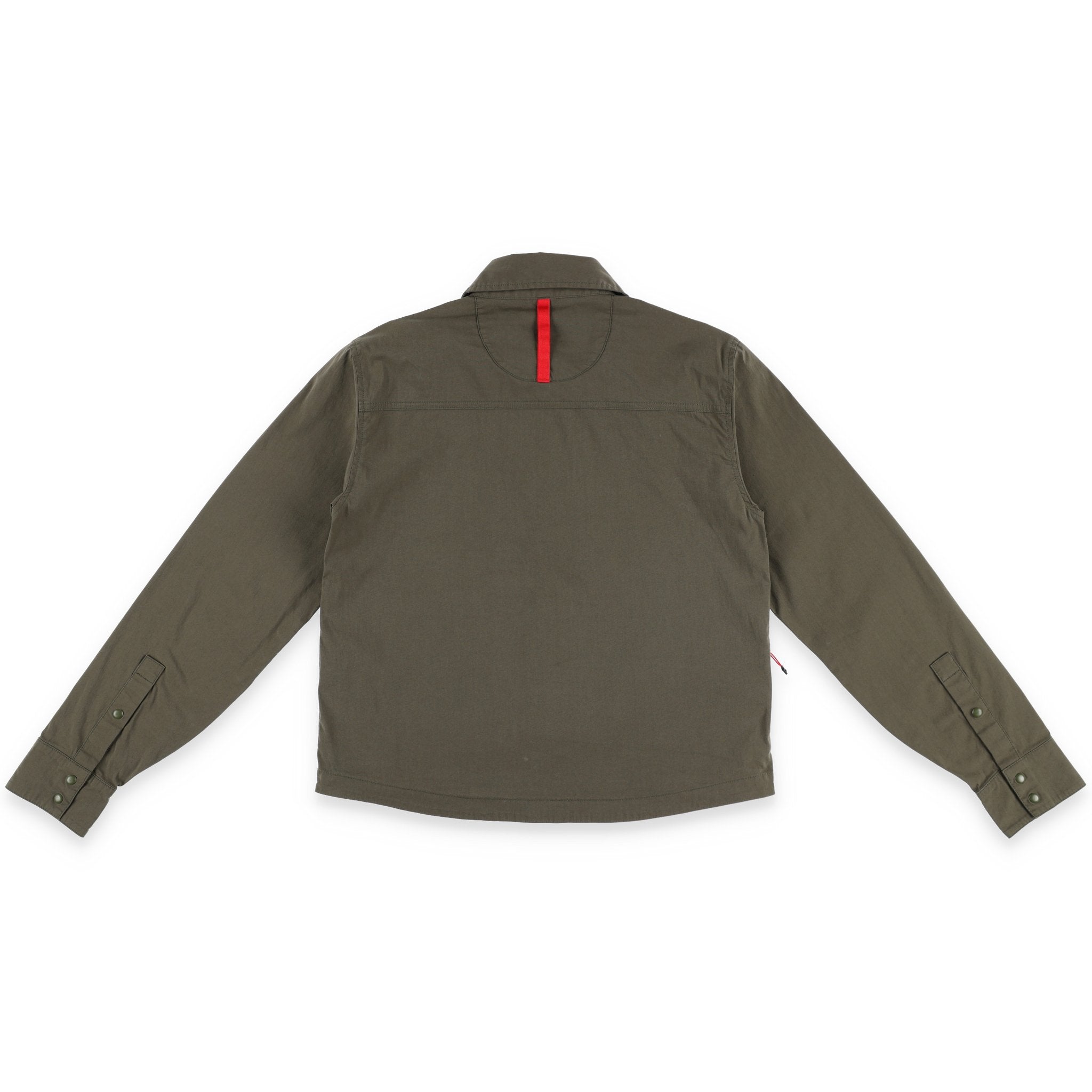 Vue générale de dos de la Chemise voyage Topo Designs Femmes Global Manches Longues en vert olive, montrant la bande PackFast.