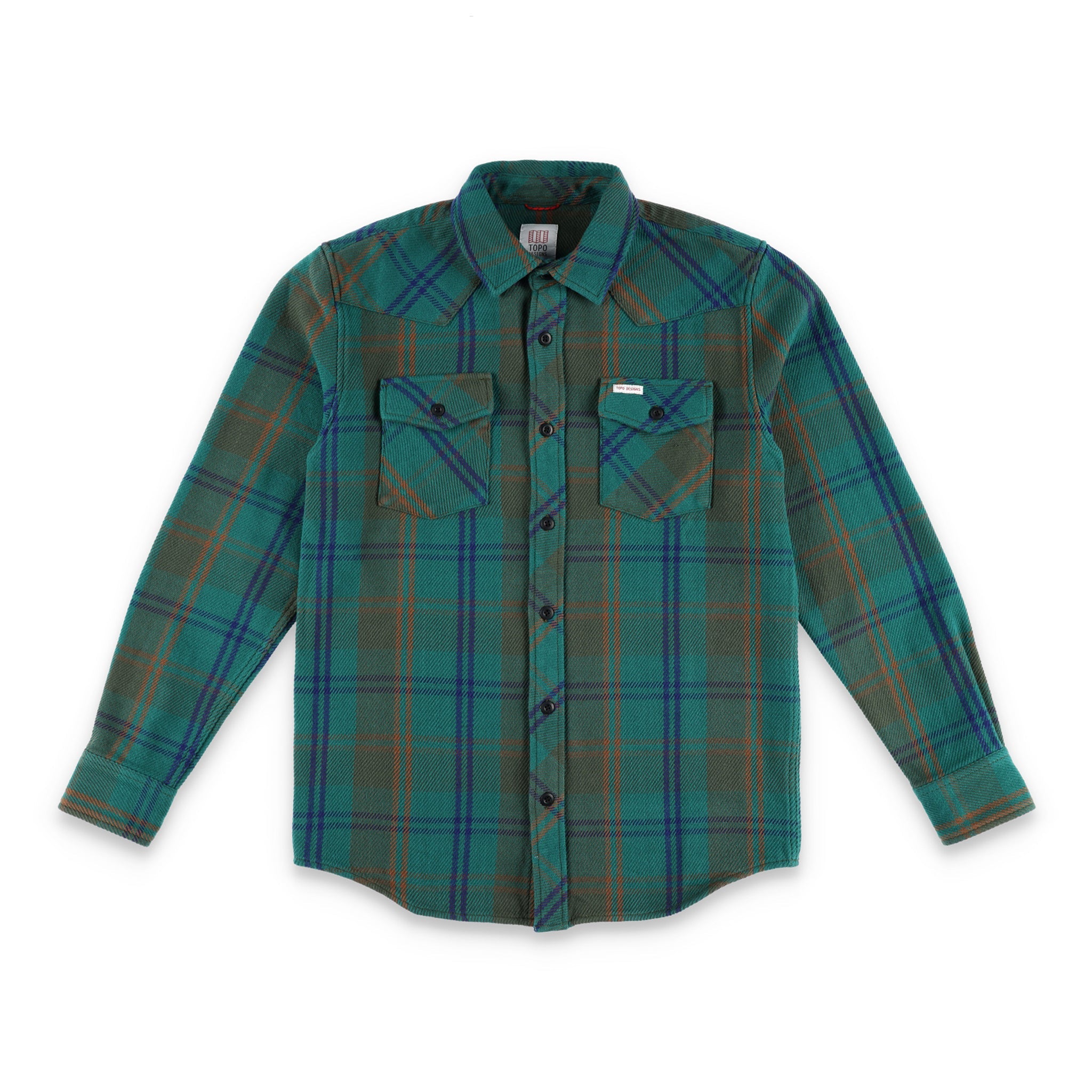 Topo Designs Hommes Mountain Chemise Heavyweight "Green / Earth Plaid" brun bleu boutonné.