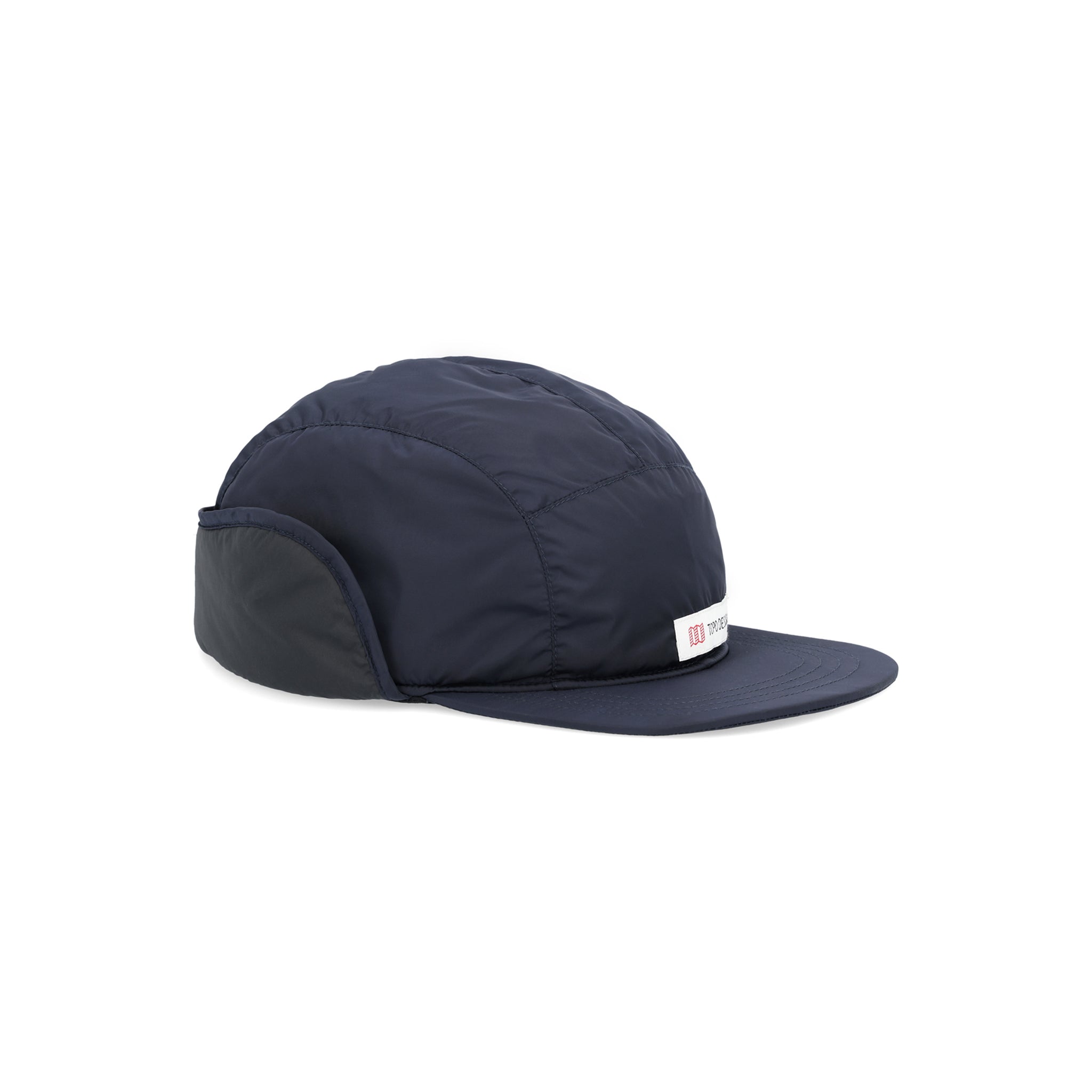 Topo Designs Puffer Cap bonnet isolé avec rabats d'oreilles en "Pond Blue / Black".