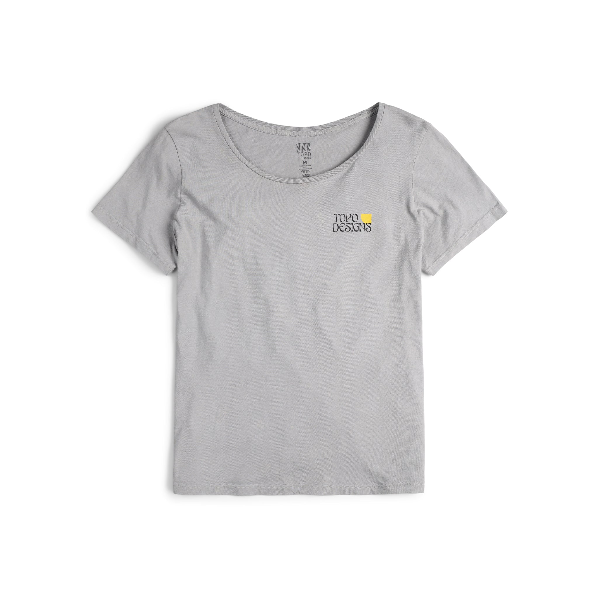 Vue de face du Topo Designs Femmes Canyons Tee-Shirt 100% coton biologique Manches Courtes graphic logo Chemise in "gray".