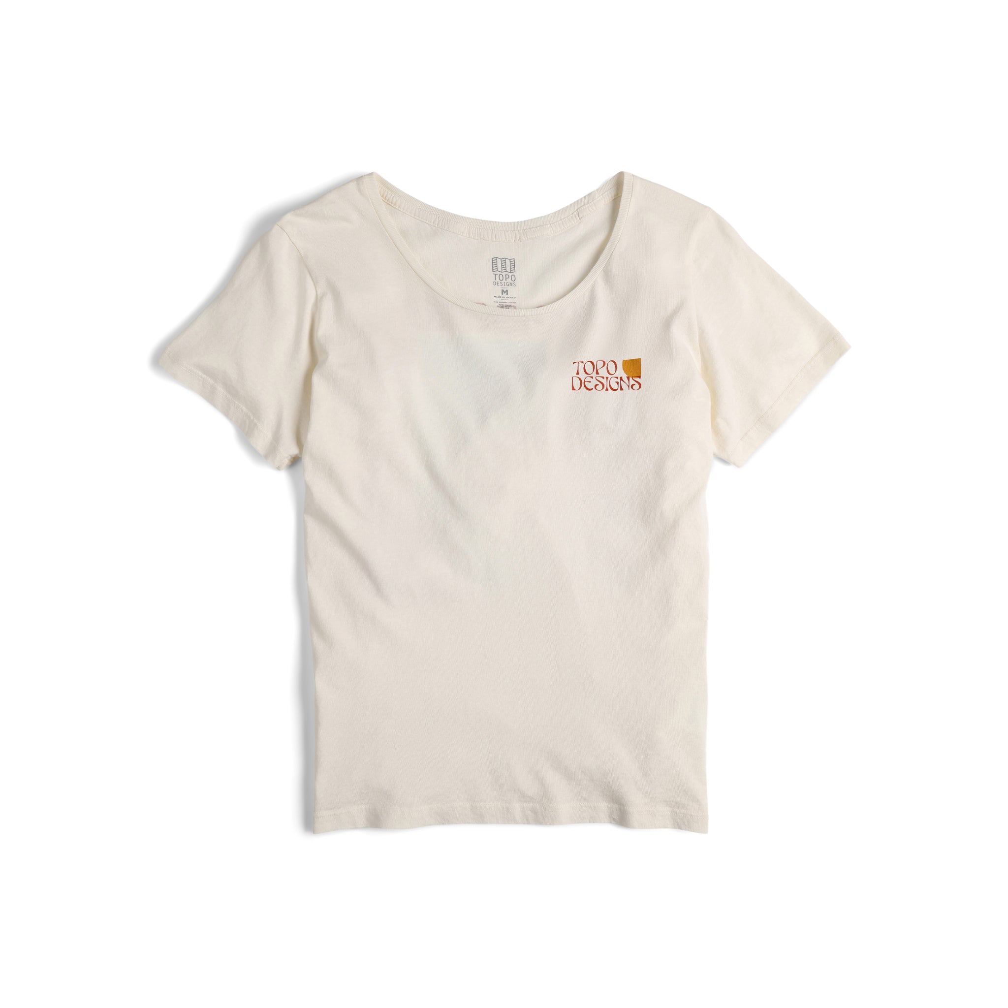 Vue de face du Topo Designs Femmes Canyons Tee-Shirt 100% coton biologique Manches Courtes graphic logo Chemise en blanc "naturel".